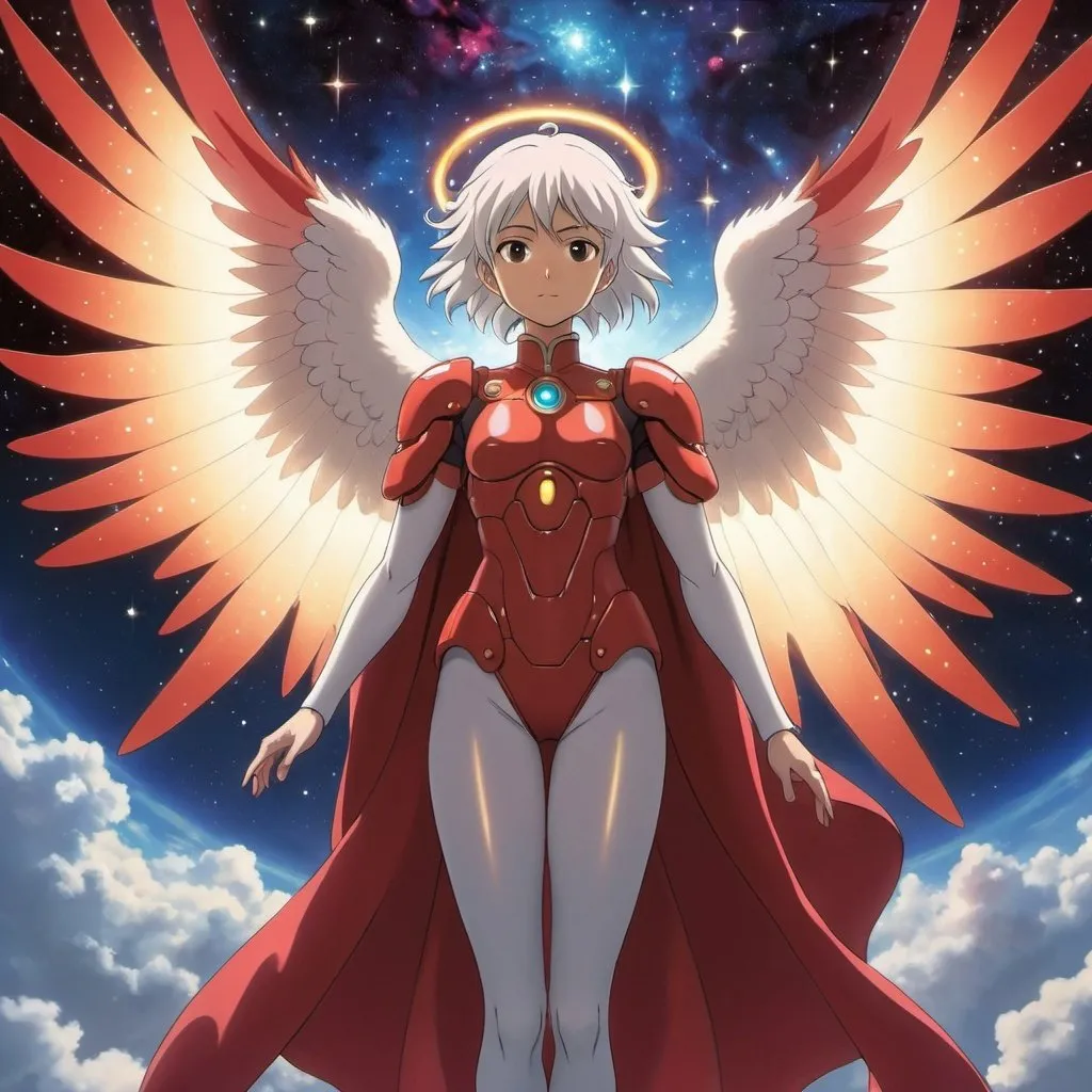 Prompt: Whole Body, full figure. Studio Ghibli art. anime art. An androginous angelic luminous figure, surrounded by thousand suns. Wears a crimson armor. In background a Galaxy. Well draw face, detailed. smooth skin. 2d art. 2d. 