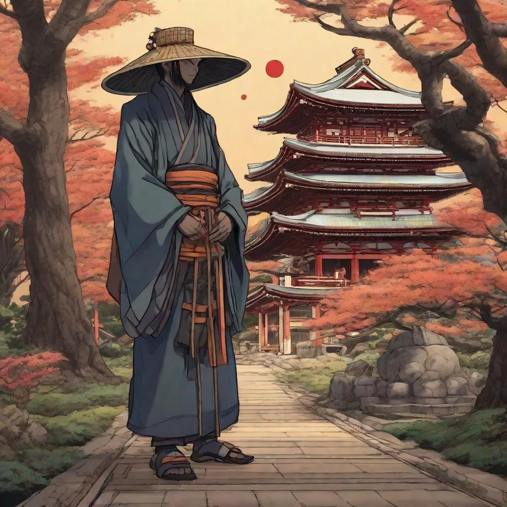 Prompt: full fugure, whole body. well draw face. detailed. A shinto monk with a japanese straw hat. He wields a Buddhist baton with many rings. In background a japanese cimitery. changeling the dreaming art. 2d art. 2d. rpg art. 