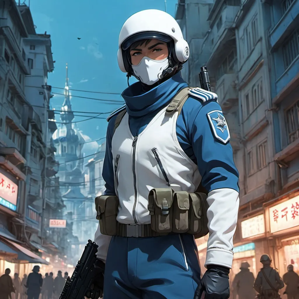 Prompt: Full figure, whole body, anime art, Studio Mappa style, Al-Malik soldier in fantasy military white and blue uniform, closed helmet, detailed rifle, well-drawn face, Russian sci-fi city background, Studio Ghibli style, 2D art, fantasy military, detailed, professional, atmospheric lighting, cool tones