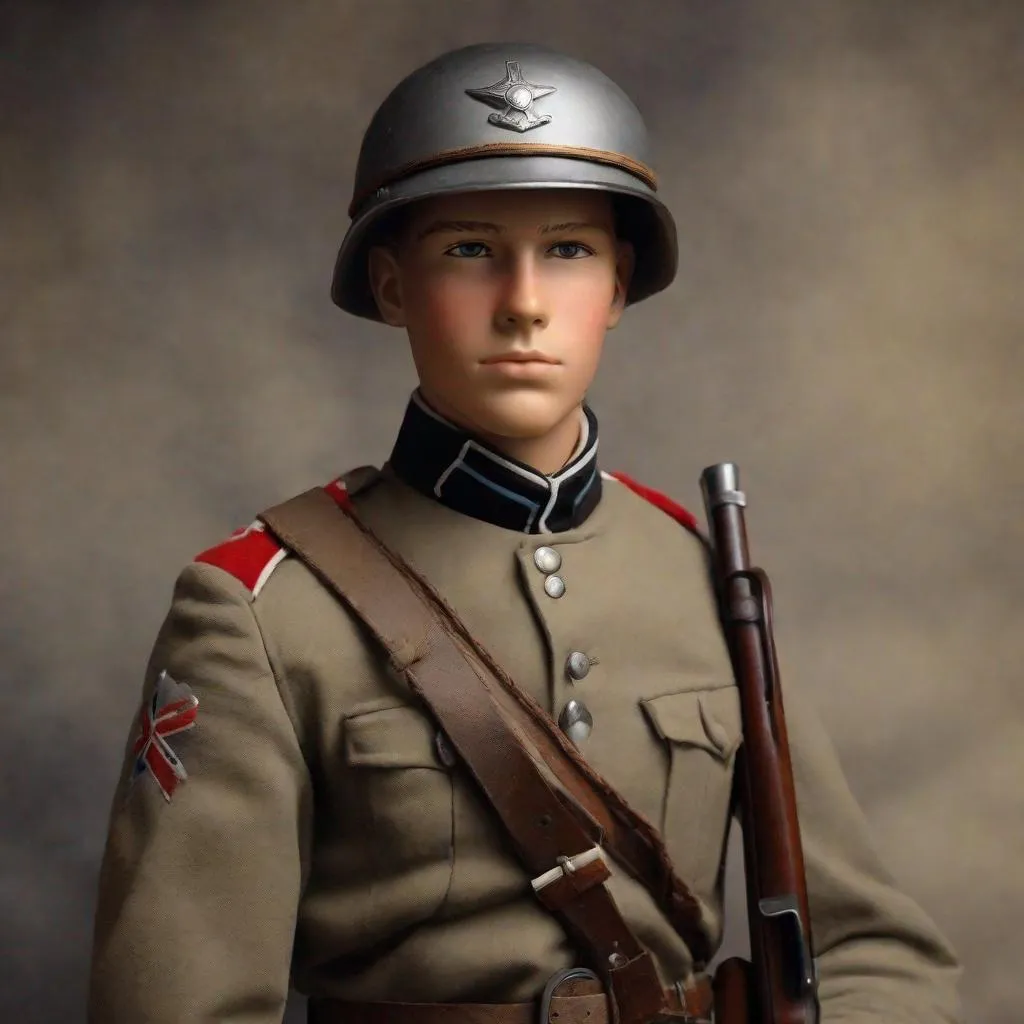 Prompt: Whole body. Full figure. Confederate soldier. Cadet Gray Uniform. WWII M33 italian helmet Helmet. In background a trench . Well draw face. Detailed. realistic helmets. Historical photo. WWII pics.  