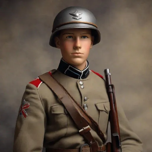 Prompt: Whole body. Full figure. Confederate soldier. Cadet Gray Uniform. WWII M33 italian helmet Helmet. In background a trench . Well draw face. Detailed. realistic helmets. Historical photo. WWII pics.  