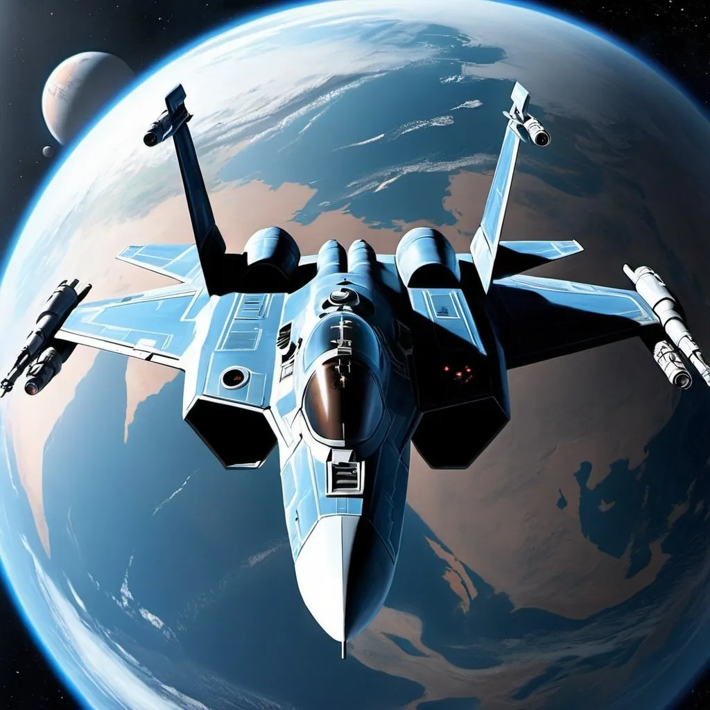Prompt: A scifi jet fighter. Grey-blue color. Planet earth in background. star wars art. rpg art. 2d art. 2d