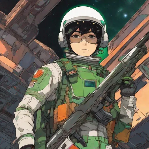 Prompt:  A cute 20 years old Japanese boy in space suit. He wears military googles, wields a rifle. He has green hairs. In background a space ship deck. Anime art. Studio trigger art. Studio Mappa art. Anime. Anime boy. 2d art 2d. 