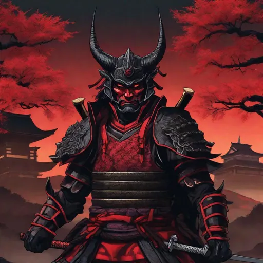 Prompt: a oni male samurai in black and red armor. Well draw face. Detailed. He has two horns on the front. In background a spooky japanese castle on a black mountain. Studio trigger art. Studio Mappa art. Anime art. 2d art. 2d. 