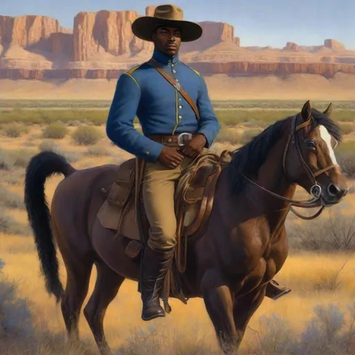 Prompt: Whole body. Full figure. afro-american buffalo soldier light cavalryman. Blue skirt, brown pants. Stetson hat. In background Arizona prairies. Well draw face. Detailed. realistic helmets. Historical photo. WWI pics.  