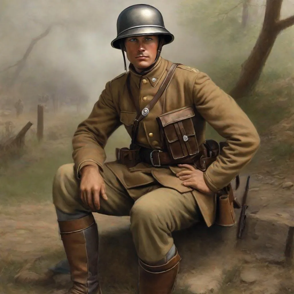 Prompt: Whole body. Full figure. Confederate soldier. Italian adrian helmet. In background a trench . Well draw face. Detailed. realistic helmets. Historical photo. WWII pics.  