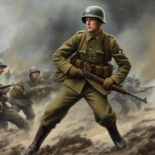 Prompt: Whole body. Full figure. american unionist soldier. Green-gray camouflage german Uniform. ww2 German Helmet. Dynamic pose. In background d-day attack . Well draw face. Detailed. realistic helmets. Historical photo. WWII pics.  