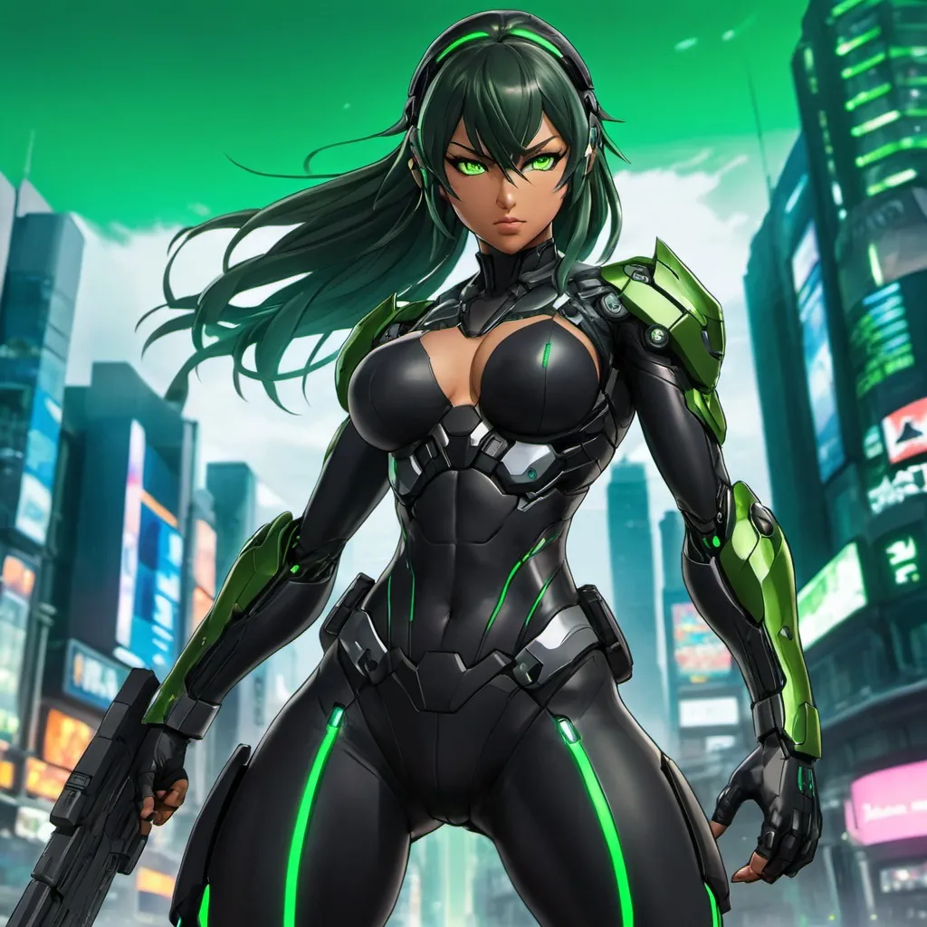 Prompt: Full figure, Whole body. anime art. studio Madhaouse art. A cyborg valkiria warrior in black and green armor. Fighting pose. in background a technofantasy city. anime art. 2d art. 2d.  

