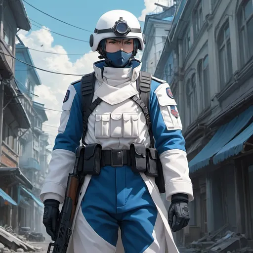 Prompt: Full figure, whole body, anime art, manwha style, soldier in fantasy military white and blue uniform, Russia closed helmet, detailed rifle, well-drawn face, Russian sci-fi city background, Studio Ghibli style, 2D art, fantasy military, detailed, professional, atmospheric lighting, cool tones
