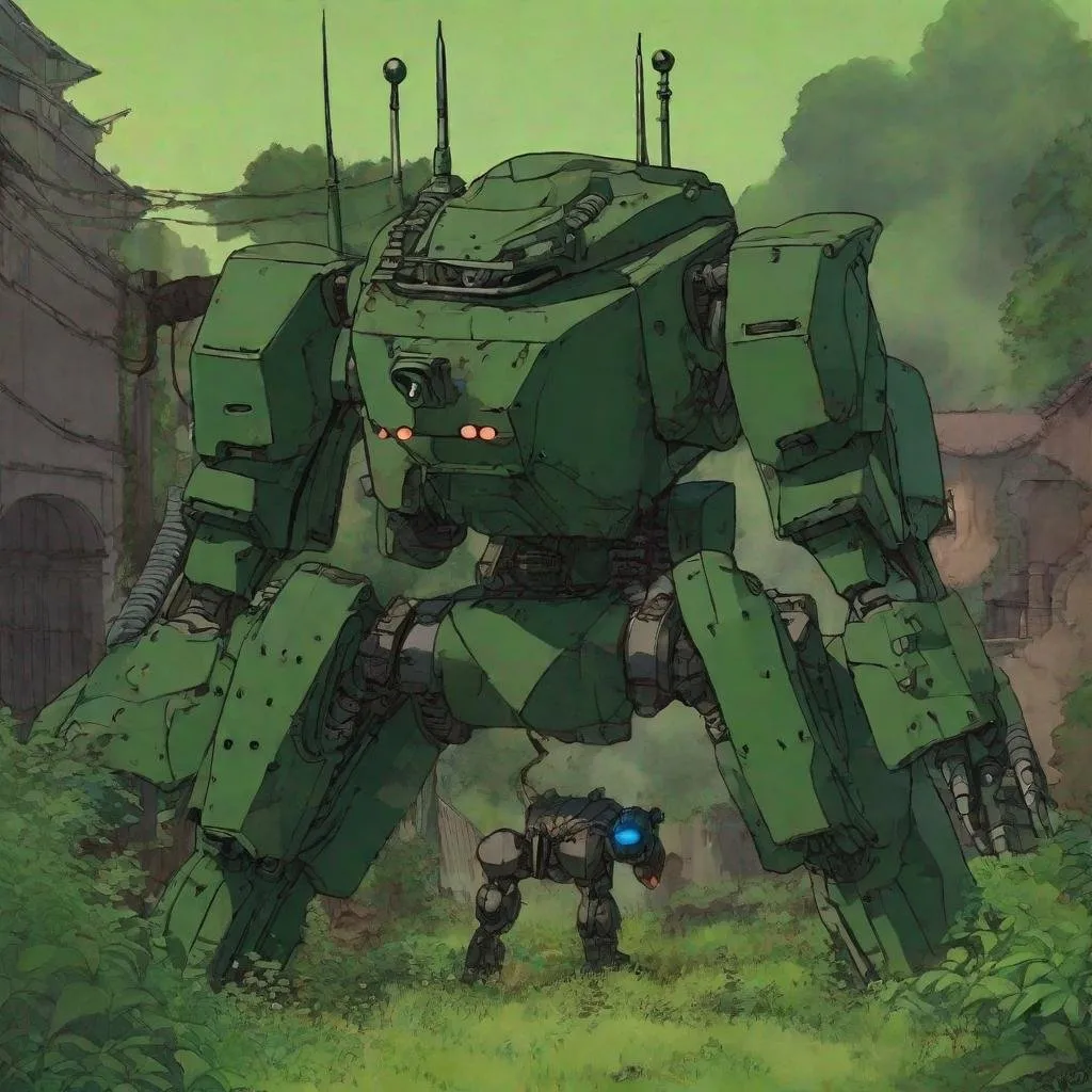 Prompt: anime art. studio ghibli art. an plain evil robotic common infantry in dark and green. robotic. it shot fire. Anime art. studio ghibli art