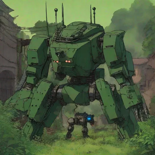 Prompt: anime art. studio ghibli art. an plain evil robotic common infantry in dark and green. robotic. it shot fire. Anime art. studio ghibli art