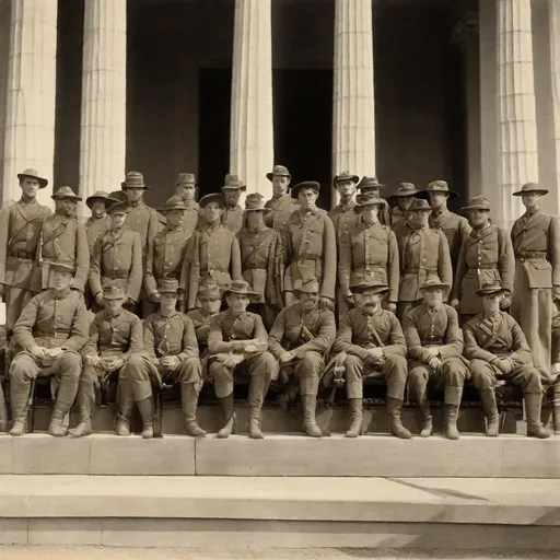 Prompt: Wwi confederate soldiers in front of Lincoln memorial. (Washington, Usa). Well draw faces. Detailed. Historical photo. WWII pics.  