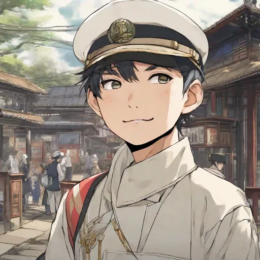 Prompt: whole body, full figure .A Male cute japanese boy. well draw face. detailed. He wears a white imperial army uniform and cap. He has a an evil wink.  In background a Shibuia station.  Studio Mappa art, studio trigger art. anime art. 2d. 2d art. 