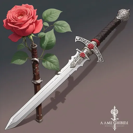 Prompt: a sword made of silver, a rose-shaped pommel. anime art. studio ghibli art. 2d art. 2d.