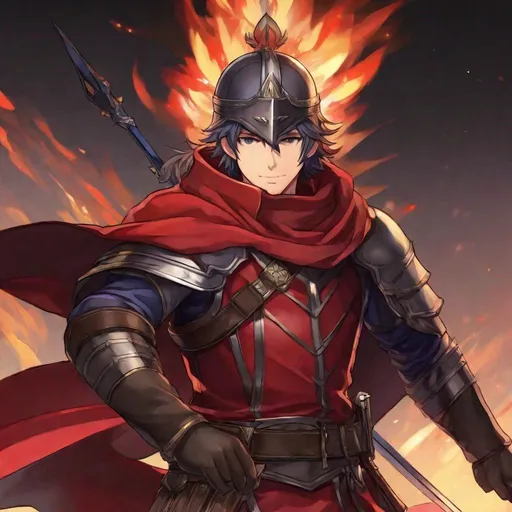 Prompt: anime art. Fire emblem heroes art. a human infantry in dark leather armor and red vest. he wears a imperial helmet covering face and head. he wields spear and a shield. Anime art. Fire emblem heroes art.  