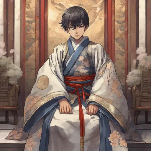 Prompt: A young boy in japanese medieval imperial dress. In background a imperial throne room. Anime art. Studio Mappa art. 2d. 2d art. Well draw face. Detailed. Dynamic Pose.