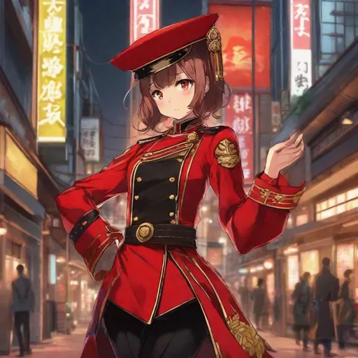 Prompt: Whole body. Full figure. A cute girl in red imperial uniform. She has an evil wink. In Backrground Tokyo city.  Studio Mappa art, studio trigger art. anime art. 2d. 2d art. 