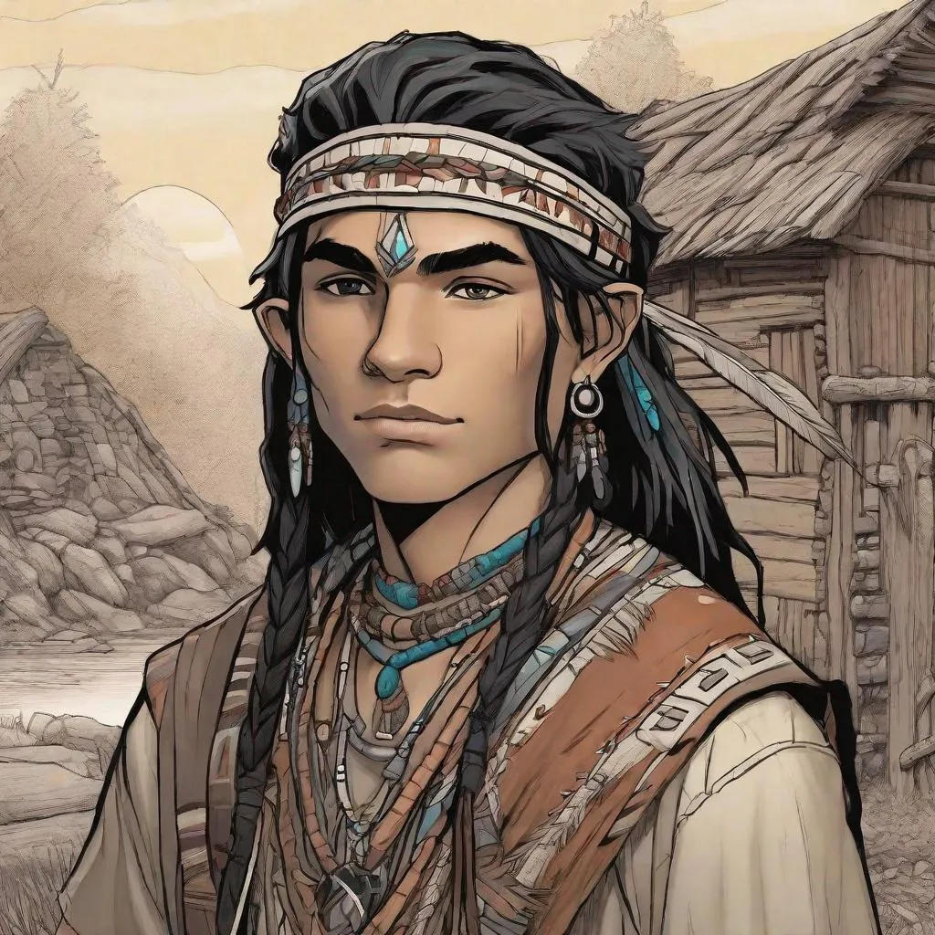 Prompt: cute 20 years old native American elf boy. He wears cherokee garbs. In background a cherokee Village. Well draw face. Detailed. Changeling the Dreaming art. Rpg art. 2d art. 2d. well draw face. Detailed. Dynamic pose.