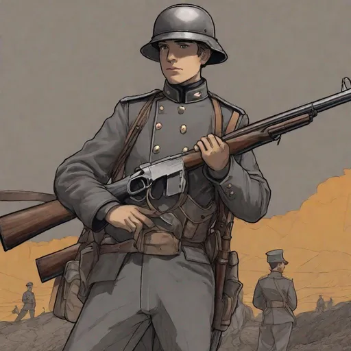 Prompt: Whole body. Full figure. Cadet grey uniform. Confederate soldier in French wwi helmet. In background a trench. Well draw face. Detailed. Rpg art. 2d art. 2d.