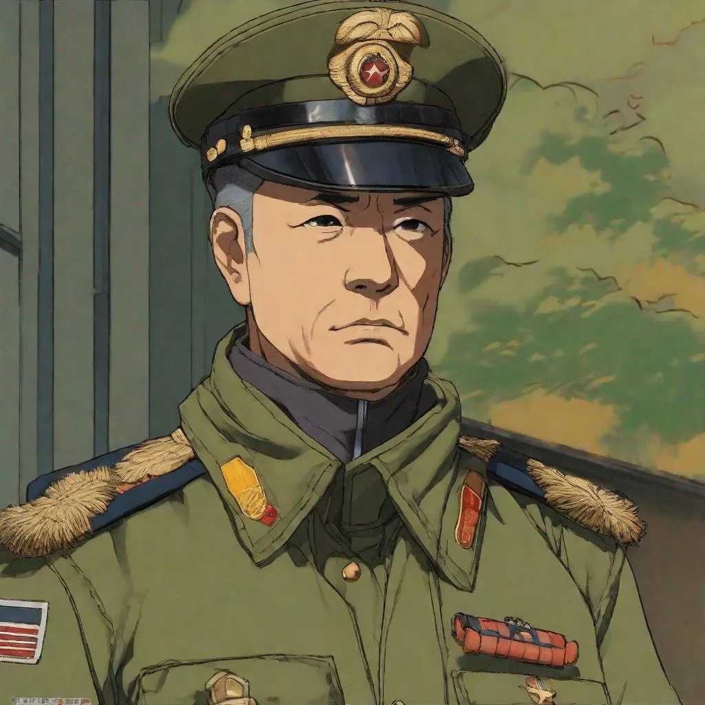 Prompt: Whole body full figure. From distance. a 45 years old scifi American officer in military uniform. he wears a japanase field cap on head. Khaki uniform. Anime art. Anime. Katsuiro Otomo art. Akira art. Leiji Matsumoto art. . Studio Mappa art, studio trigger art. anime art. 2d. 2d art. 