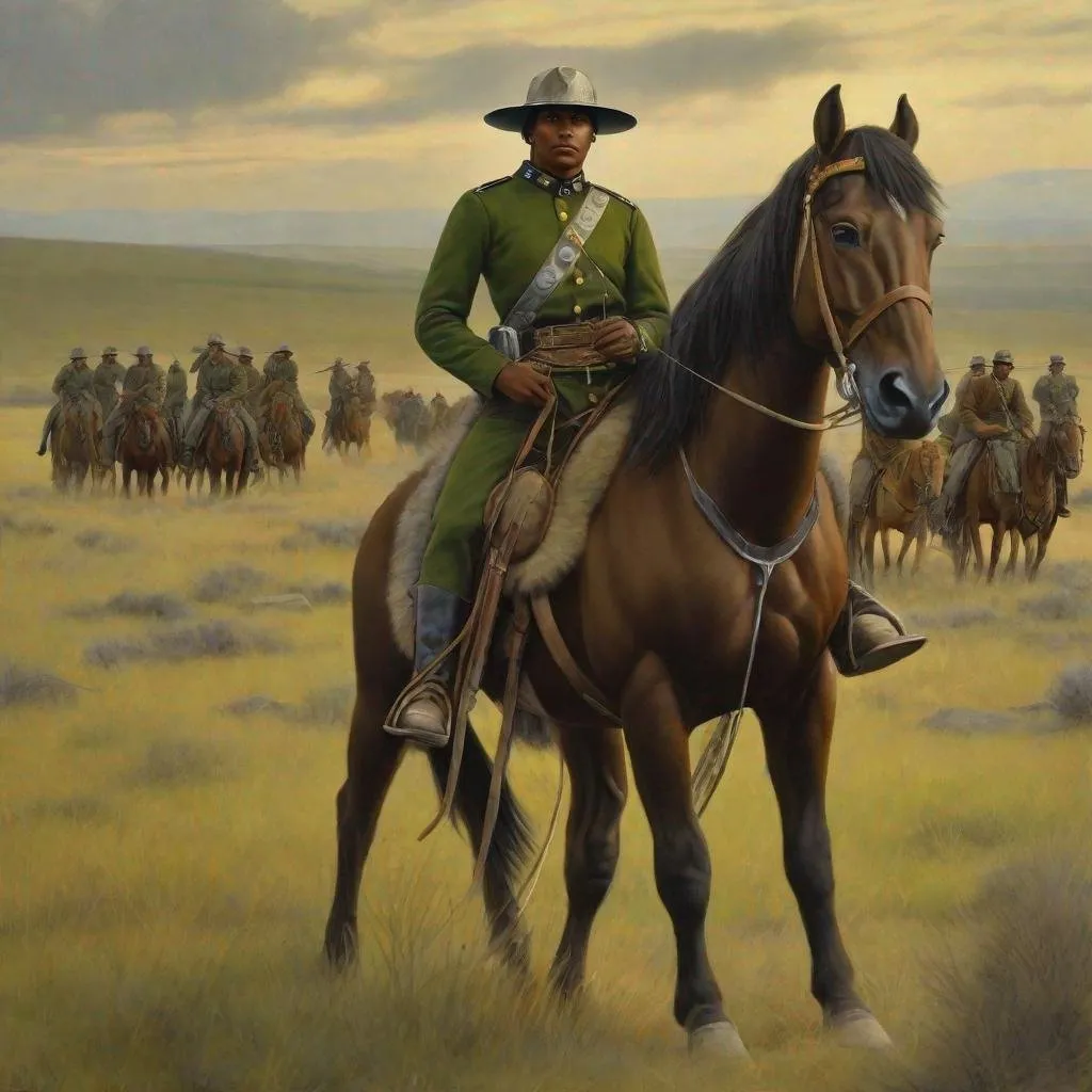 Prompt: Whole body. Full figure. WWI pic of Union army native american buffalo soldier light cavalryman. he wears a green-grey uniform. In background Montana prairies. Well draw face. Detailed. realistic helmets. Historical photo. WWI pics.   
