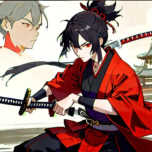 Prompt: A young samurai of senkogu jidai. Well draw face. detailed  He has two katanas at the belt. He wears a red kimono. Detailed. In background a street of medieval Edo. studio mappa art. studio trigger art. anime art. anime, 2d art. 2d. 