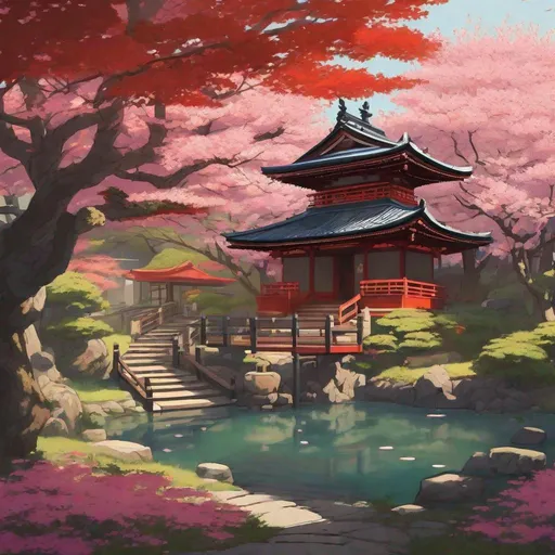 Prompt: a Medieval Japanese Shinto Shrine in the garden a beautiful and great cherry tree stands surrounded by rice shimenawa.  Anime art. Studio Mappa art. studio Ghibli art. 2d art. 2d.