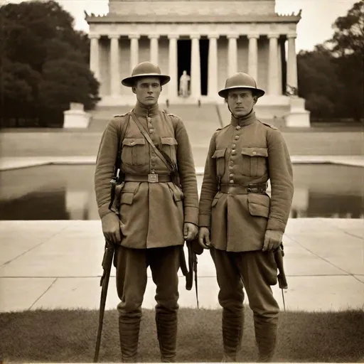 Prompt: Two Wwi confederate soldiers in front of Lincoln memorial. They are standing. Wwi adrian French helmet. (Washington, Usa). Well draw faces. Detailed. Historical photo. WWII pics.  