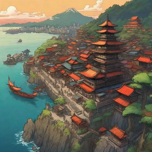 Prompt: a bird view of a medieval japanese city on the sea side. In the center of the city a massive oriental castle, in foreground a temple. Some torii in the city. Anime art. Studio Mappa art. studio Ghibli art. 2d art. 2d.