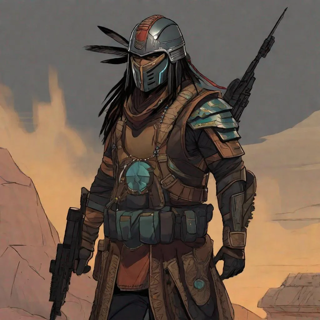 Prompt:  Scifi Native american soldier in battle armor. He wears a full helmet covering his head and face. Well draw face. Detailed. Shadowrun rpg art. Rpg art. 2d art. 2d.