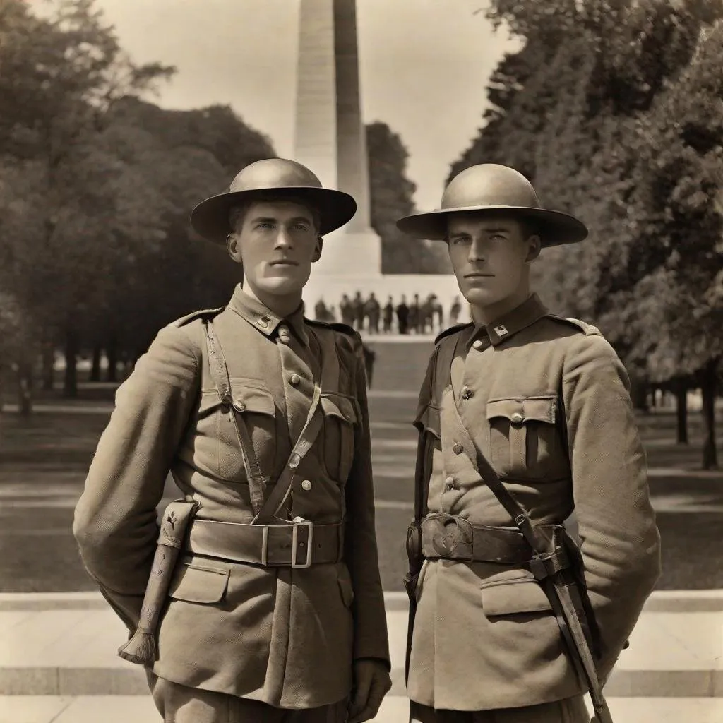 Prompt: Two Wwi confederate soldiers in front of Lincoln memorial. They are standing. Wwi adrian French helmet. (Washington, Usa). Well draw faces. Detailed. Historical photo. WWII pics.  