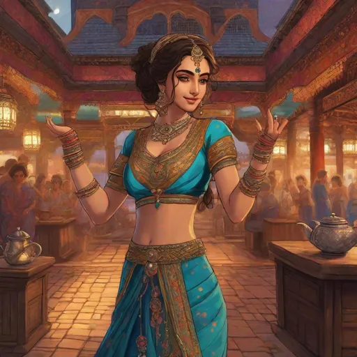 Prompt: A a 20 years old female mage in Indian Sari. She is dancing. In background a tea house of XVI century Istanbul. mage the ascension art. Rpg art. 2d art. 2d. well draw face. Detailed. 