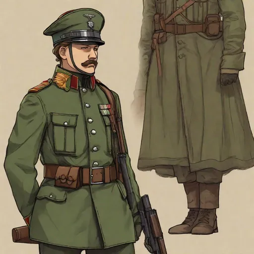 Prompt: Whole body. Full figure. A Union soldier in greenish uniform. He wears a german wwi helmet. In background a trench. Well draw face. Detailed. Rpg art. 2d art. 2d.