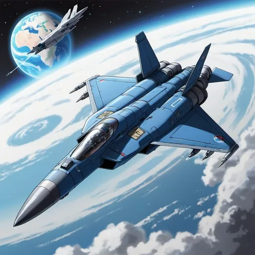 Prompt: A scifi jet fighter. Grey-blue color. Planet earth in background. anime art. leiji matrsumoto art. 2d art. 2d