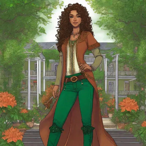 Prompt: full figure. whole body. A Cajun Elf queen. She has curly brown hairs ad green eyes. well draw face, detailed. She wears jeans pants, boots and a tunic.  In background New Orleans. Changeling the Dreaming art. Rpg art. 2d art. 2d. well draw face. Detailed. 