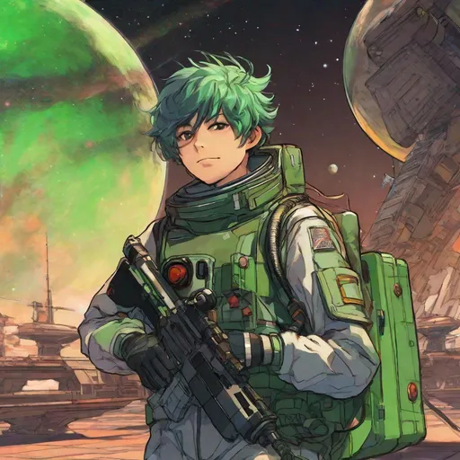Prompt:  A cute 20 years old Japanese boy in space suit. He wears military googles, wields a rifle. He has green hairs. In background a space ship deck. Anime art. Studio trigger art. Studio Mappa art. Anime. Anime boy. 2d art 2d. 