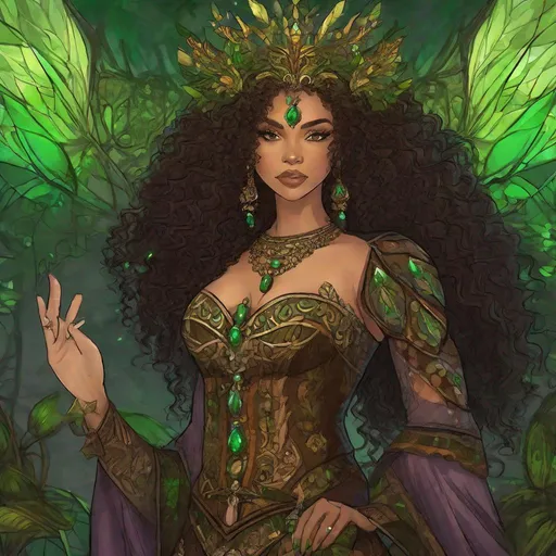 Prompt: full figure. whole body. A Cajun Elf queen. She has curly brown hairs ad green eyes. well draw face, detailed. In background New Orleans. Changeling the Dreaming art. Rpg art. 2d art. 2d. well draw face. Detailed. Mysterious looking. 