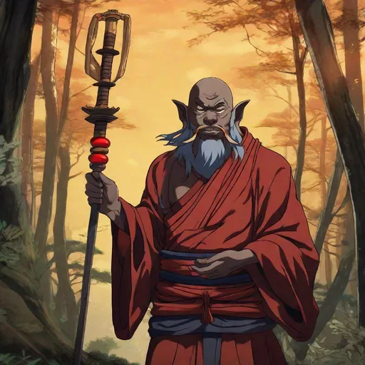 Prompt: A older oni buddhist monk with a Buddhist staff. Well draw face. Detailed. In background a spooky japanese forest. Studio trigger. Studio mappa art. Anime. Anime art. 2d. Art. 