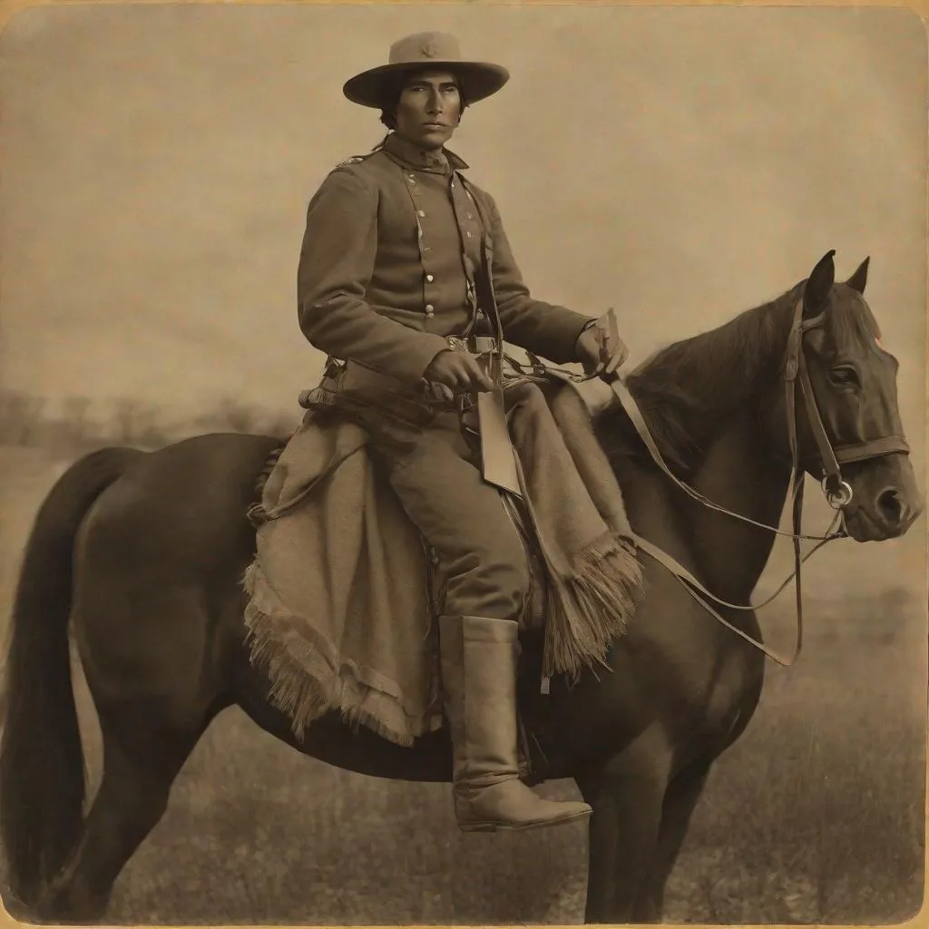 Prompt: Whole body. Full figure. Confederate native American light cavalryman. Wwi Anzac hat. In background Texas prairies. Well draw face. Detailed. realistic helmets. Historical photo. WWI pics.  