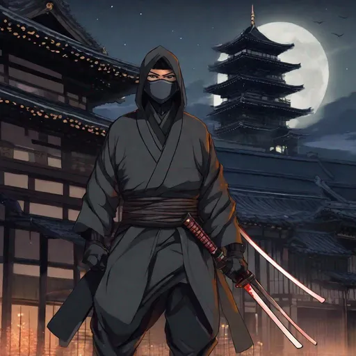 Prompt: A ninjia in dark grey suit. masked face and head. he wields a short katana. in background a japanese castle at night. anime art. Studio Mappa art. studio trigger art. 2d. 2d art. Well draw face. Detailed. 
