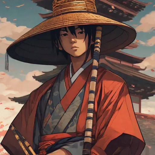 Prompt: Close up. whole body. well draw face. detailed. A young shinto monk with a japanese shinto straw hat. He wields a Buddhist baton with many rings. In background a japanese cimitery. changeling the dreaming art. 2d art. 2d. rpg art.  head and shoulders portrait, 8k resolution concept art portrait by Greg Rutkowski, Artgerm, WLOP, Alphonse Mucha dynamic lighting hyperdetailed intricately detailed Splash art trending on Artstation triadic colors Unreal Engine 5 volumetric lighting
