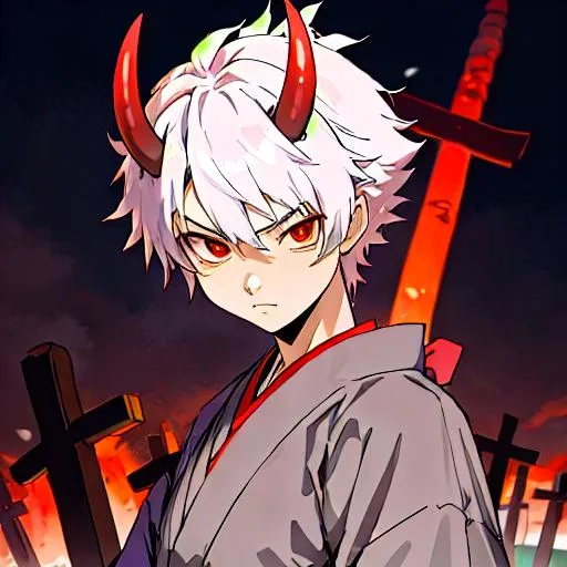 Prompt: well draw face. detailed. A cute Oni young japanese demon boy. he has little oni horns. he is dressed ineastern farmer dress. In background a japanese graveyard. anime. anime art. ufotable studio art. 2d art. 2d. rpg art. Anime art. 2d art. 2d.. 