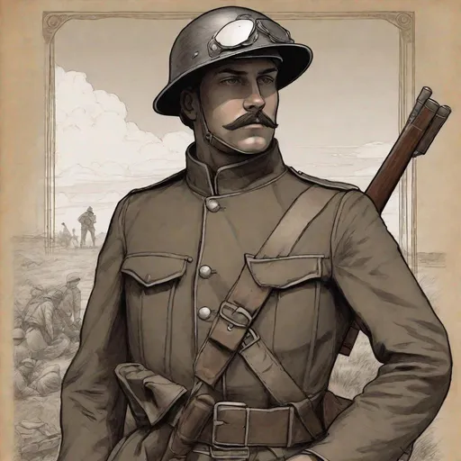 Prompt: Whole body. Full figure. Confederate soldier in French wwi helmet. In background a trench. Well draw face. Detailed. Rpg art. 2d art. 2d.