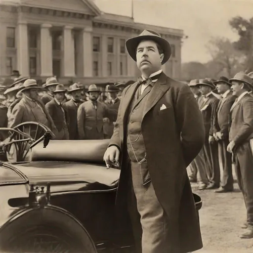 Prompt: Whole body. Full figure. Huey Long from Louisiana sworn president of the confederacy in front of Richmond campidolio. Well draw face. Detailed. realistic helmets. Historical photo. 1920 pics. 