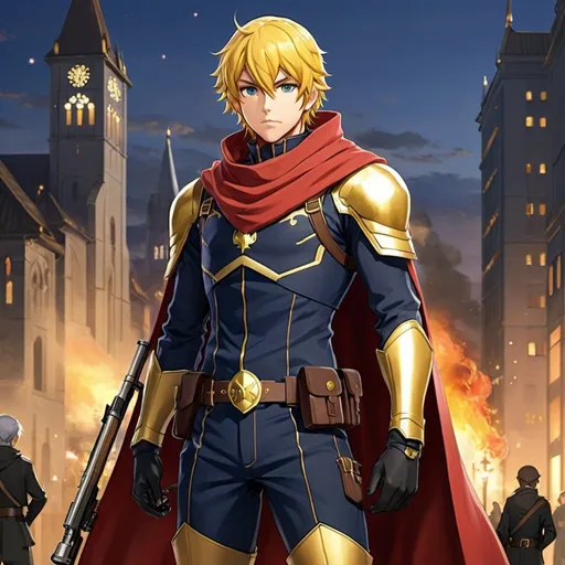 Prompt: Full figure, Whole body. fire emblem hero art. 2d art. 2d. a vaguely medieval techno-fantasy soldier in plain and simple metal uniform with golden details. NO CAPES. NO MANTLES. armed with an rifle. he wears a simple full helmet covering face. he wears no mantle. he wears a full helmet. In background a city. anime art. 2d art. 2d.