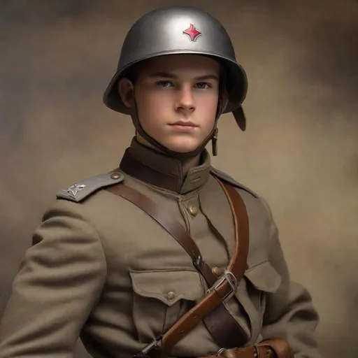 Prompt: Whole body. Full figure. Confederate soldier. Cadet Gray Uniform. M33 Helmet. In background a trench . Well draw face. Detailed. realistic helmets. Historical photo. WWII pics.  