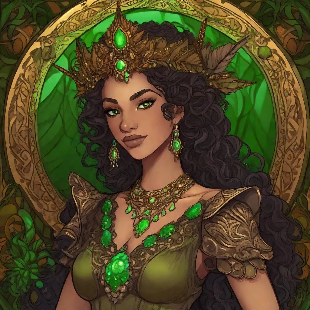 Prompt: full figure. whole body. A Cajun Elf queen. She has curly brown hairs ad green eyes. well draw face, detailed. In background New Orleans. Changeling the Dreaming art. Rpg art. 2d art. 2d. well draw face. Detailed. 