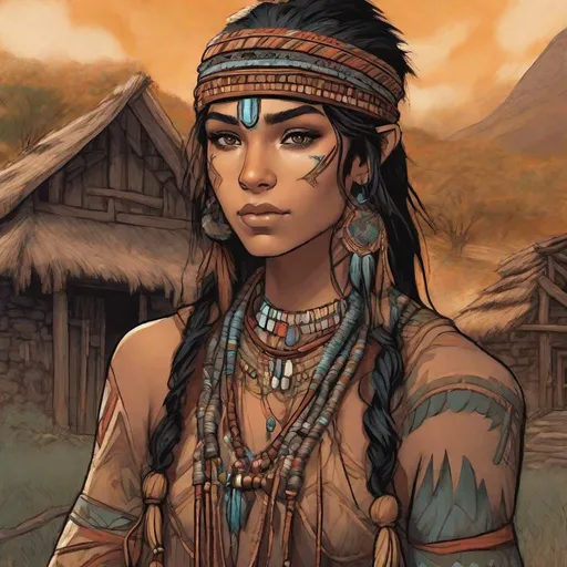 Prompt: cute 20 years old native American elf girl. He wears cherokee garbs. In background a cherokee Village. Well draw face. Detailed. Changeling the Dreaming art. Rpg art. 2d art. 2d. well draw face. Detailed. Dynamic pose.