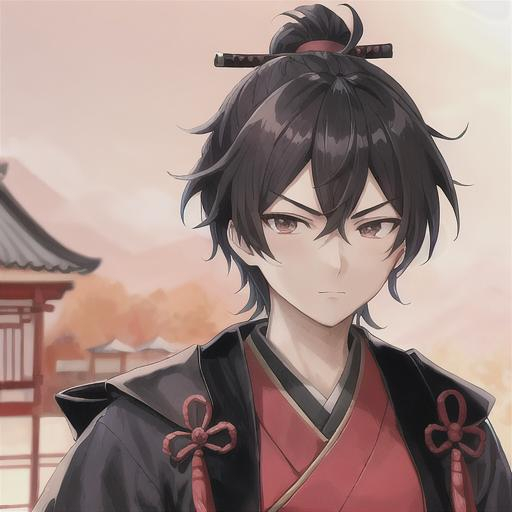 Prompt: A young samurai of senkogu jidai. Well draw face. detailed  He has two katanas at the belt. He wears a red kimono. Detailed. In background a street of medieval Edo. studio mappa art. studio trigger art. anime art. anime, 2d art. 2d. 