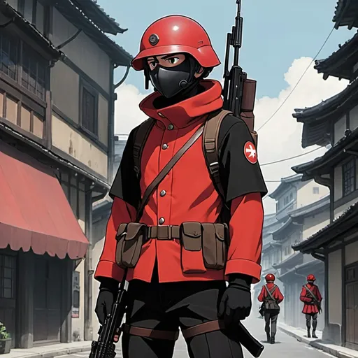 Prompt: Full figure, Whole body. studio ghibli art. 2d art. 2d. a vaguely medieval techno-fantasy soldier in plain and simple red and black uniform. armed with an rifle. he wears a simple full helmet covering face. he wears no mantle. he wears a full helmet. In background a scifi city. anime art. 2d art. 2d.